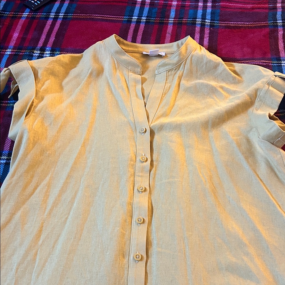 London Times mustard yellow button down linen dress